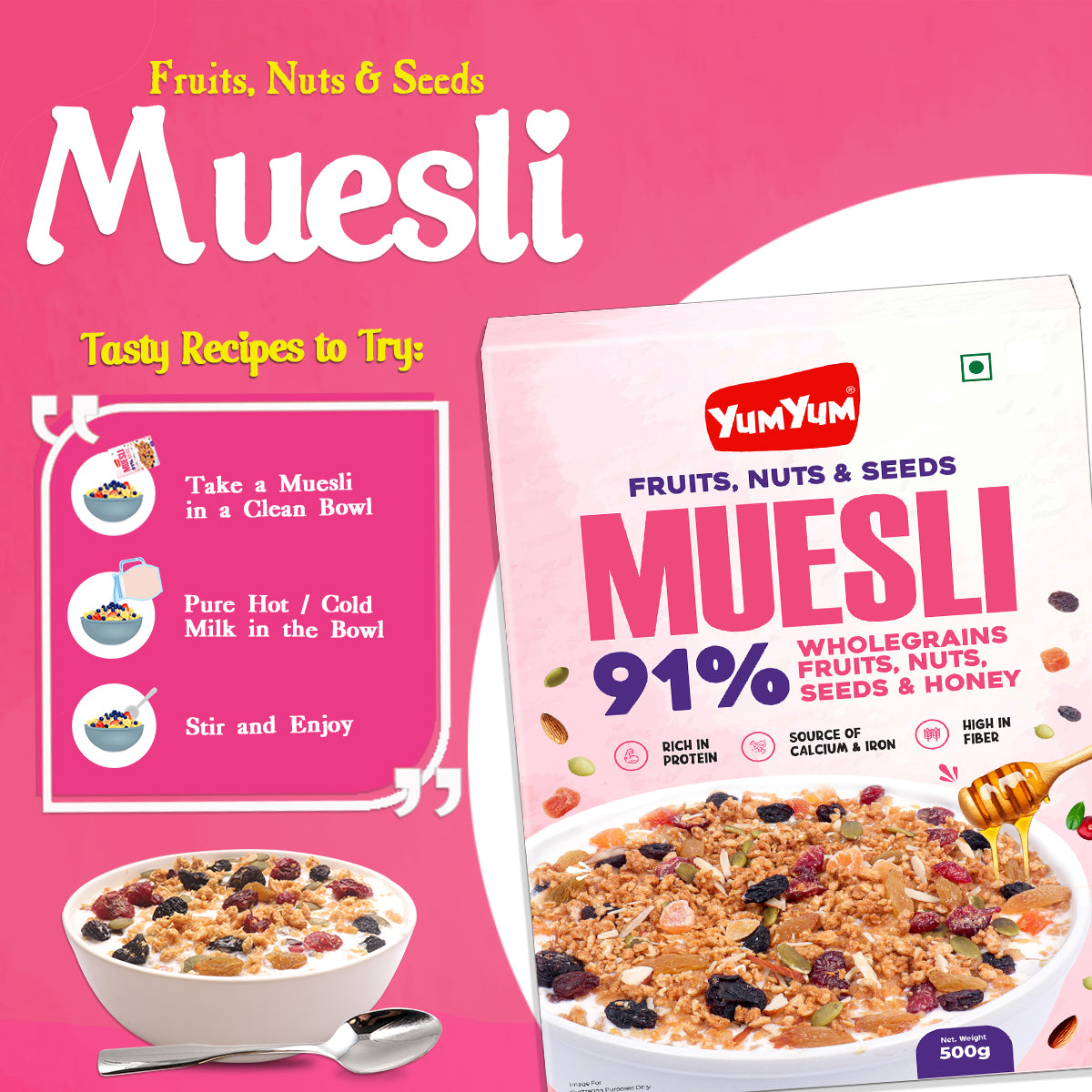 YUM YUM 41% Fruits, Nuts & Seeds Crunchy Muesli 1kg | Instant Breakfast Cereal - Box (2 x 500g)