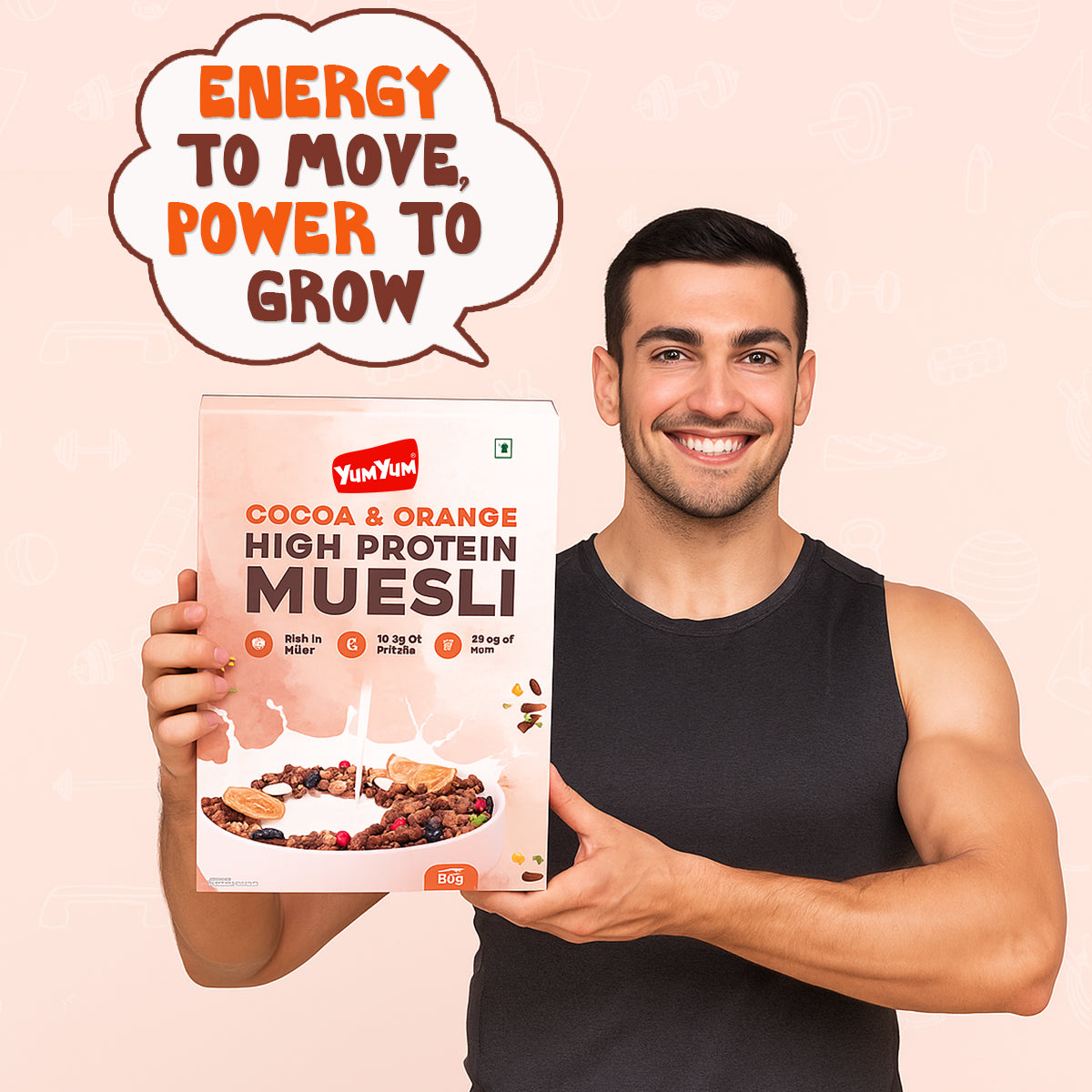 YUM YUM Cocoa & Orange High Protein Muesli 500g Healthy Breakfast Cereal Ready to Eat Box (500 g)