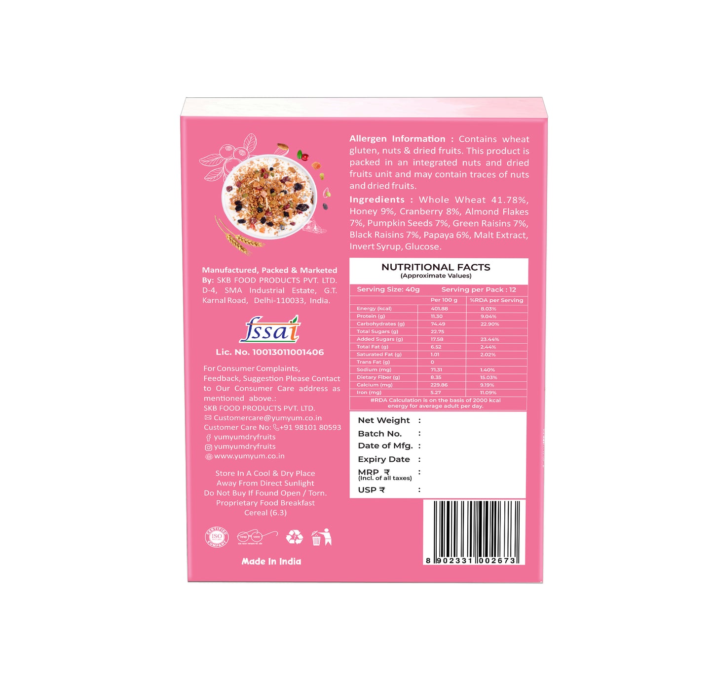 Yum Yum Fruits, Nuts & Seeds Honey Muesli 500g Box