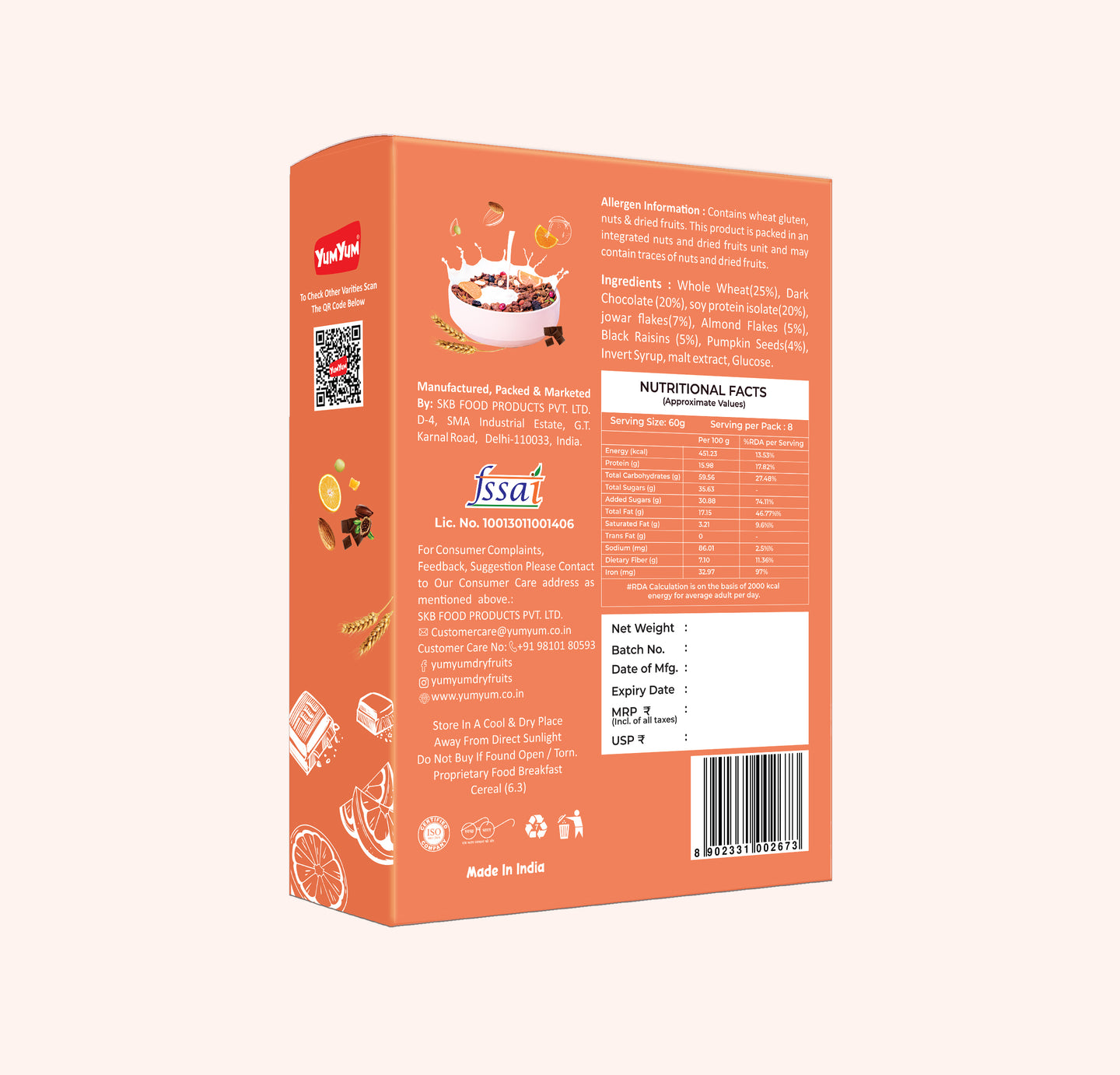 YUM YUM Cocoa & Orange High Protein Muesli 1kg, Healthy Breakfast Cereal Ready to Eat - Box (2 x 0.5 kg)