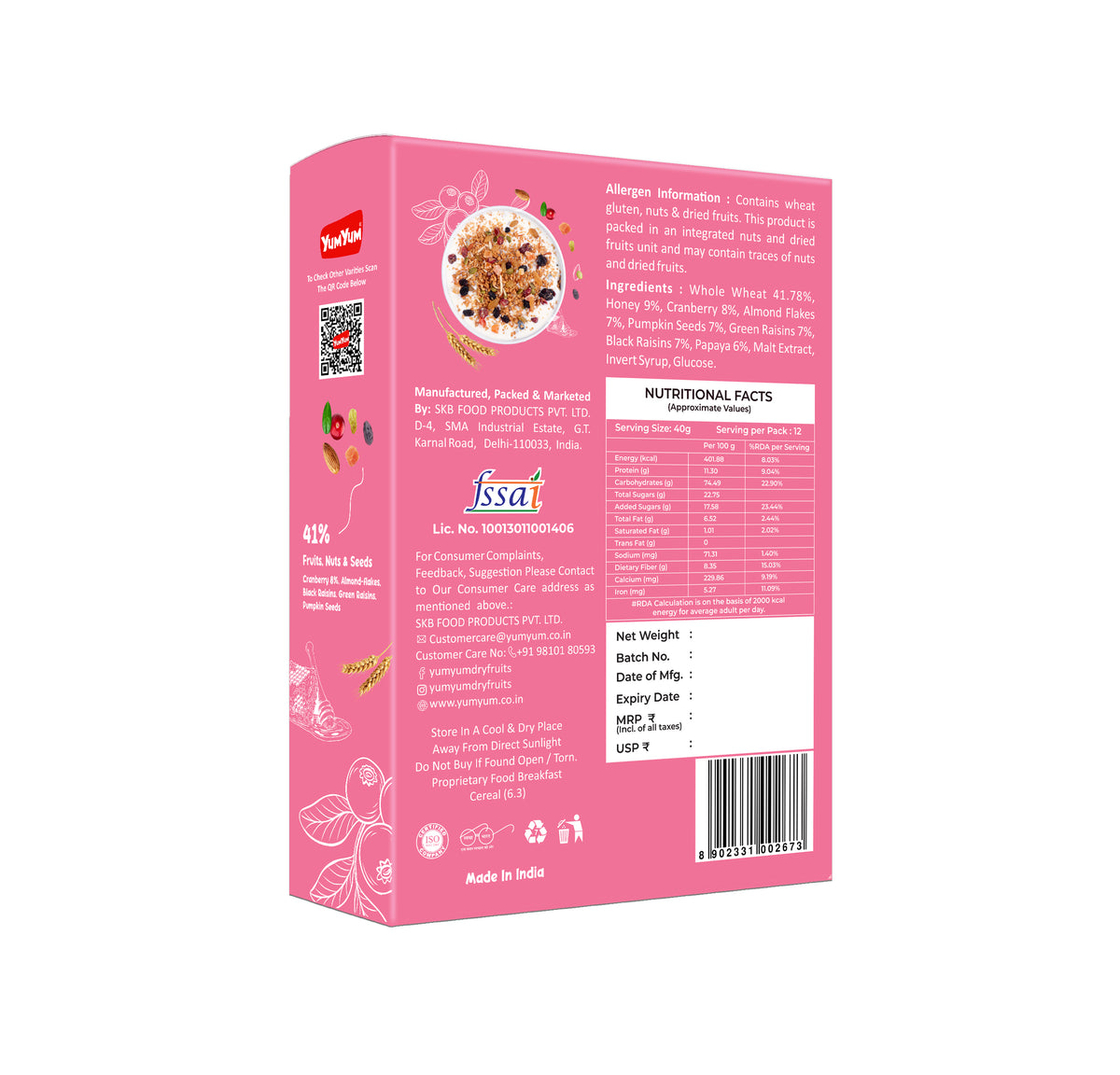 YUM YUM 41% Fruits, Nuts & Seeds Crunchy Muesli 1kg | Instant Breakfast Cereal - Box 500g