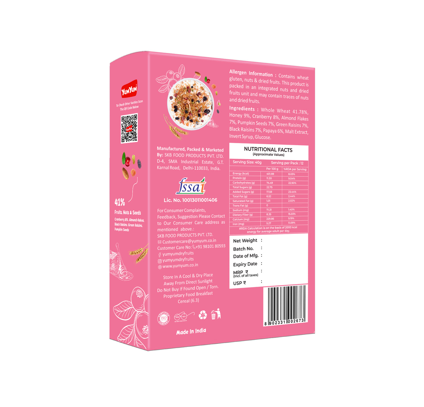 YUM YUM 41% Fruits, Nuts & Seeds Crunchy Muesli 1kg | Instant Breakfast Cereal - Box (2 x 500g)