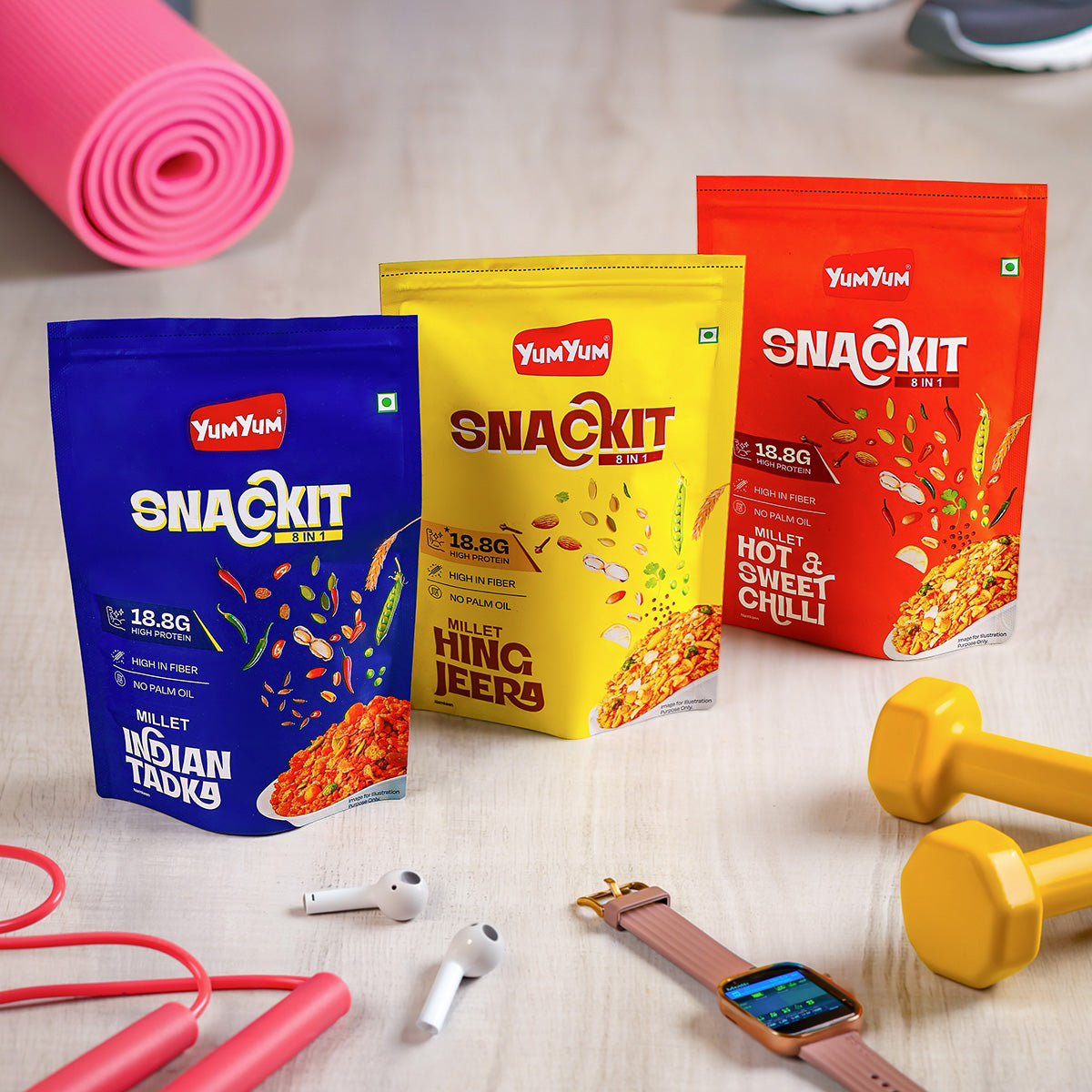 Yum Yum Snackit Healthy Millet Namkeen Combo | Indian Tadka, Hing Jeera & Hot Chilli Flavours | Crunchy Indian Snacks | Pack of 3 × 80 g