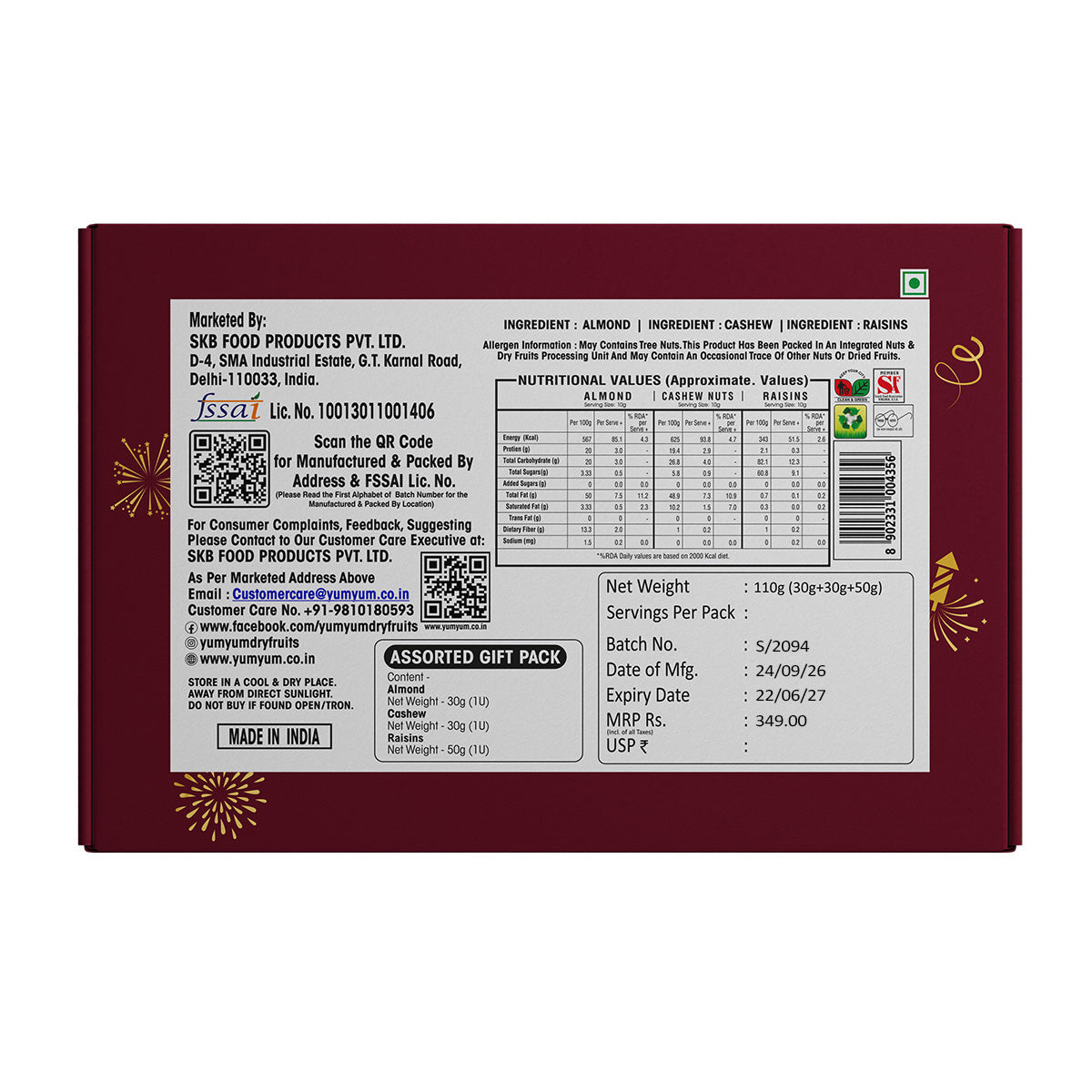 Yum Yum Festive Diwali Gift Pack 110g (Almond 30g, Cashew 30g, Raisins 50g)