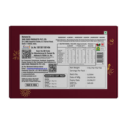 Yum Yum Festive Diwali Gift Pack 110g (Almond 30g, Cashew 30g, Raisins 50g)