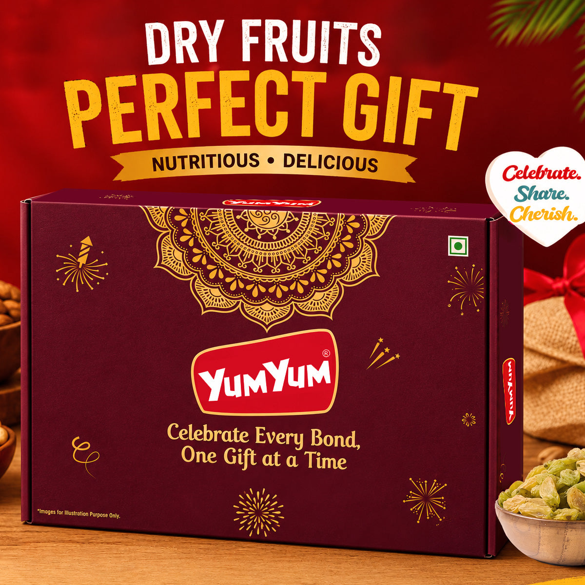 Yum Yum Festive Diwali Gift Pack of 2 - 110g each (Almond 30g, Cashew 30g, Raisins 50g) Pack of 2