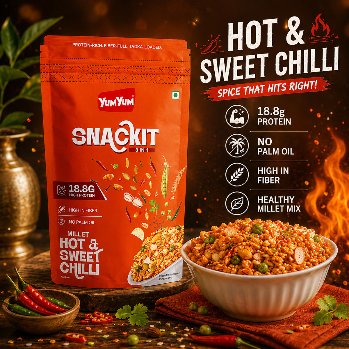 Yum Yum Snackit Healthy Millet Namkeen Combo | Indian Tadka, Hing Jeera & Hot Chilli Flavours | Crunchy Indian Snacks | Pack of 3 × 80 g