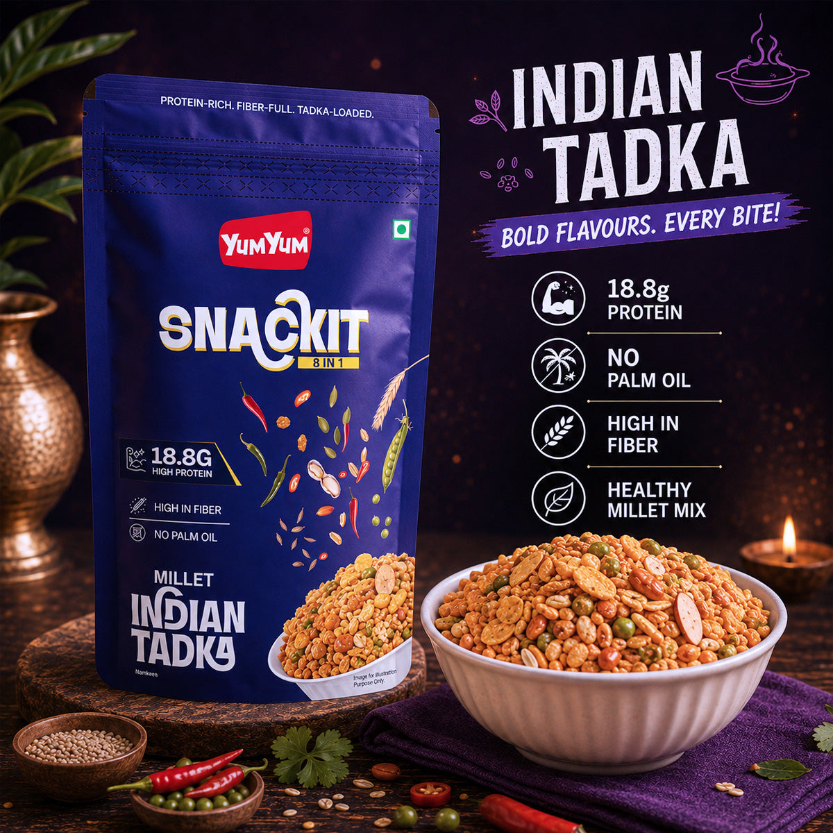 Yum Yum Snackit Healthy Millet Namkeen Combo | Indian Tadka, Hing Jeera & Hot Chilli Flavours | Crunchy Indian Snacks | Pack of 3 × 80 g