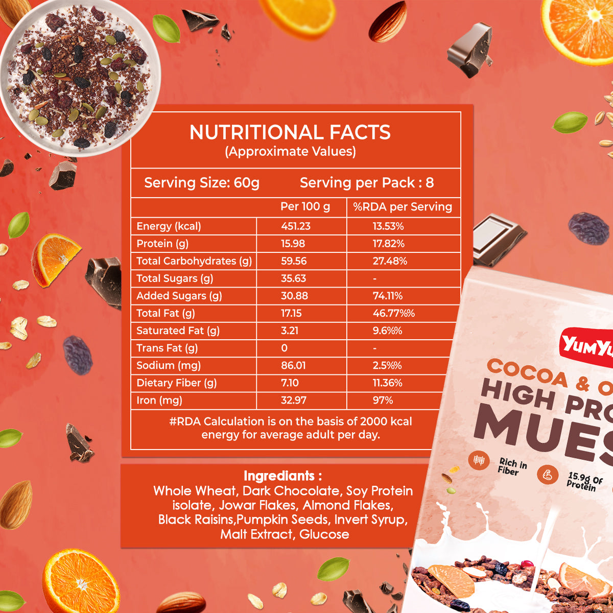 YUM YUM Cocoa & Orange High Protein Muesli 1kg, Healthy Breakfast Cereal Ready to Eat - Box (2 x 0.5 kg)