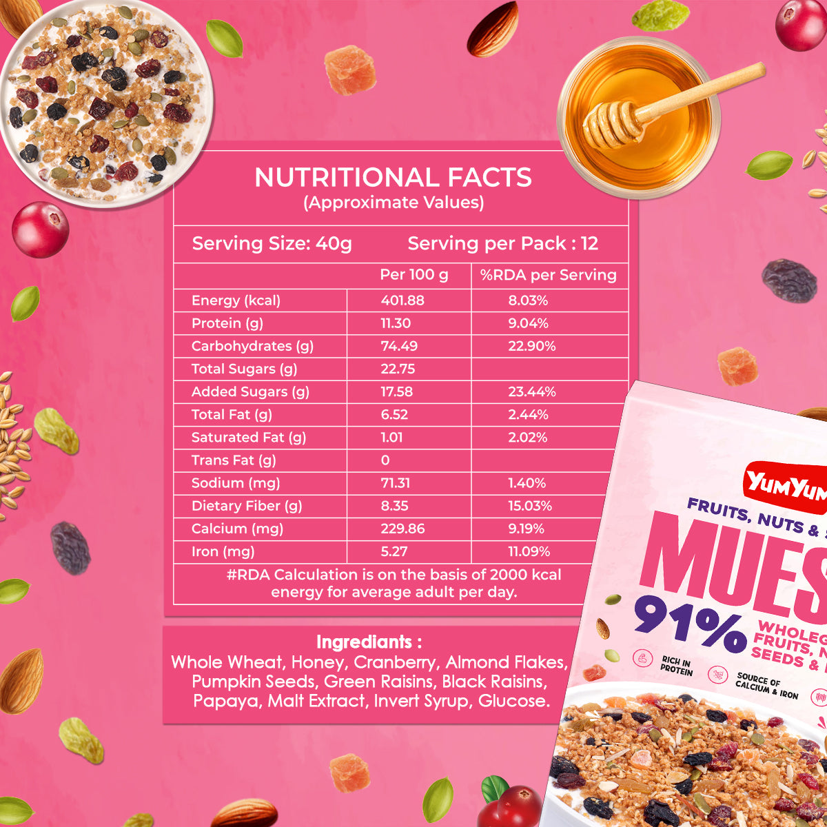 YUM YUM 41% Fruits, Nuts & Seeds Crunchy Muesli 1kg | Instant Breakfast Cereal - Box 500g