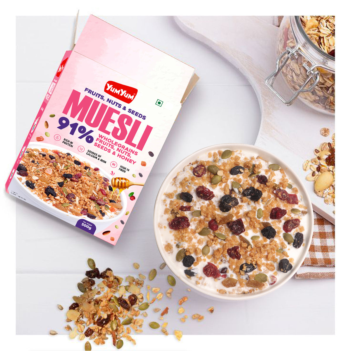 YUM YUM 41% Fruits, Nuts & Seeds Crunchy Muesli 1kg | Instant Breakfast Cereal - Box (2 x 500g)