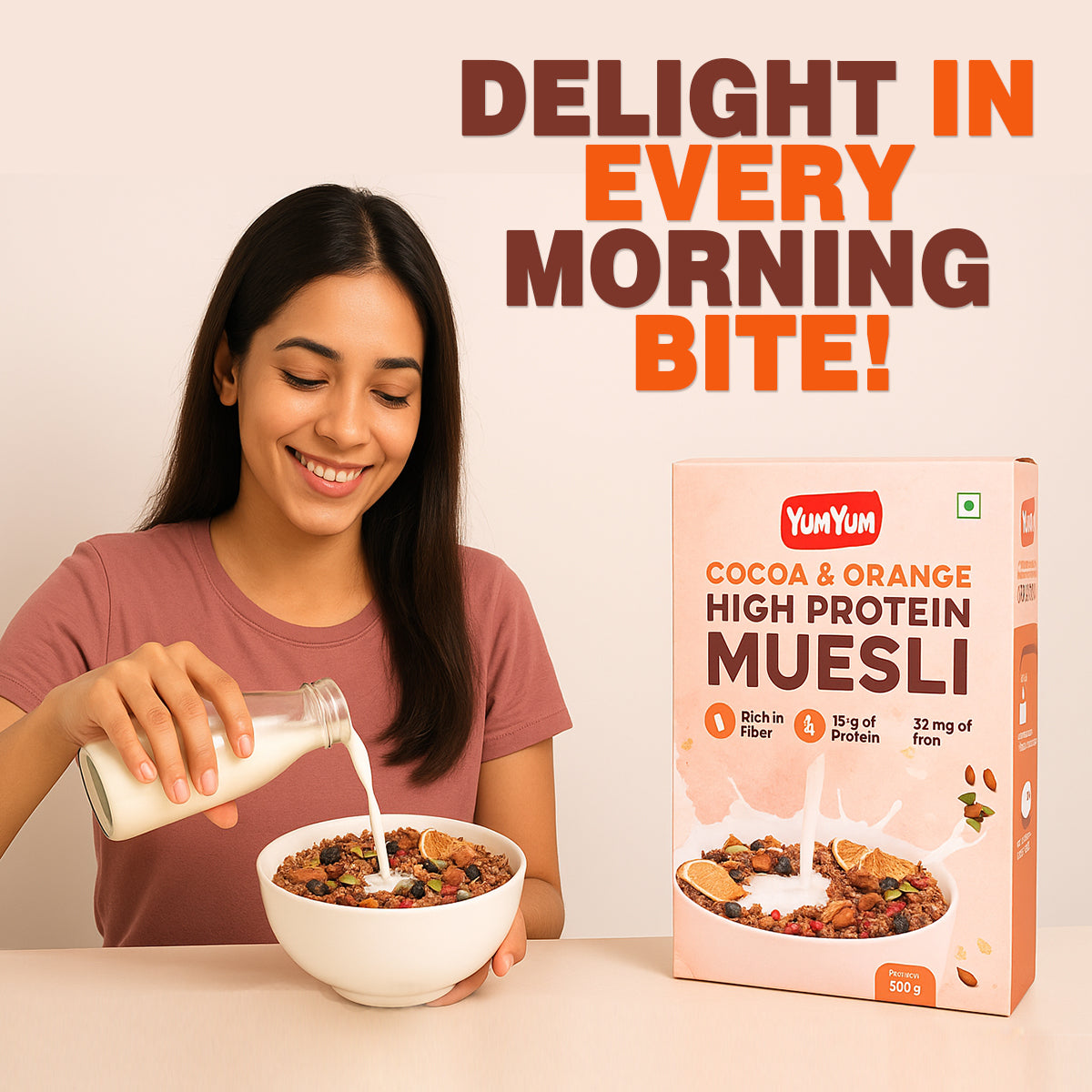 YUM YUM Cocoa & Orange High Protein Muesli 1kg, Healthy Breakfast Cereal Ready to Eat - Box (2 x 0.5 kg)