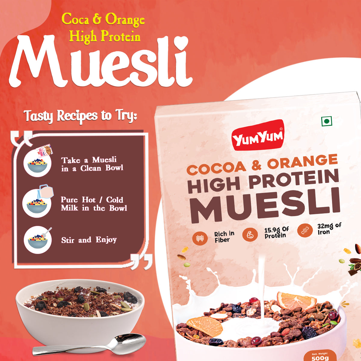 YUM YUM Cocoa & Orange High Protein Muesli 1kg, Healthy Breakfast Cereal Ready to Eat - Box (2 x 0.5 kg)
