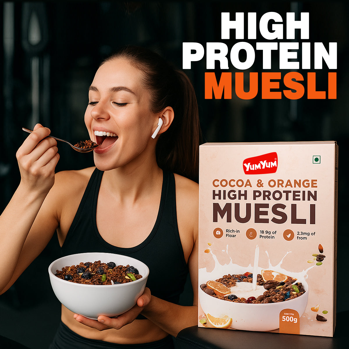 YUM YUM Cocoa & Orange High Protein Muesli 500g Healthy Breakfast Cereal Ready to Eat Box (500 g)