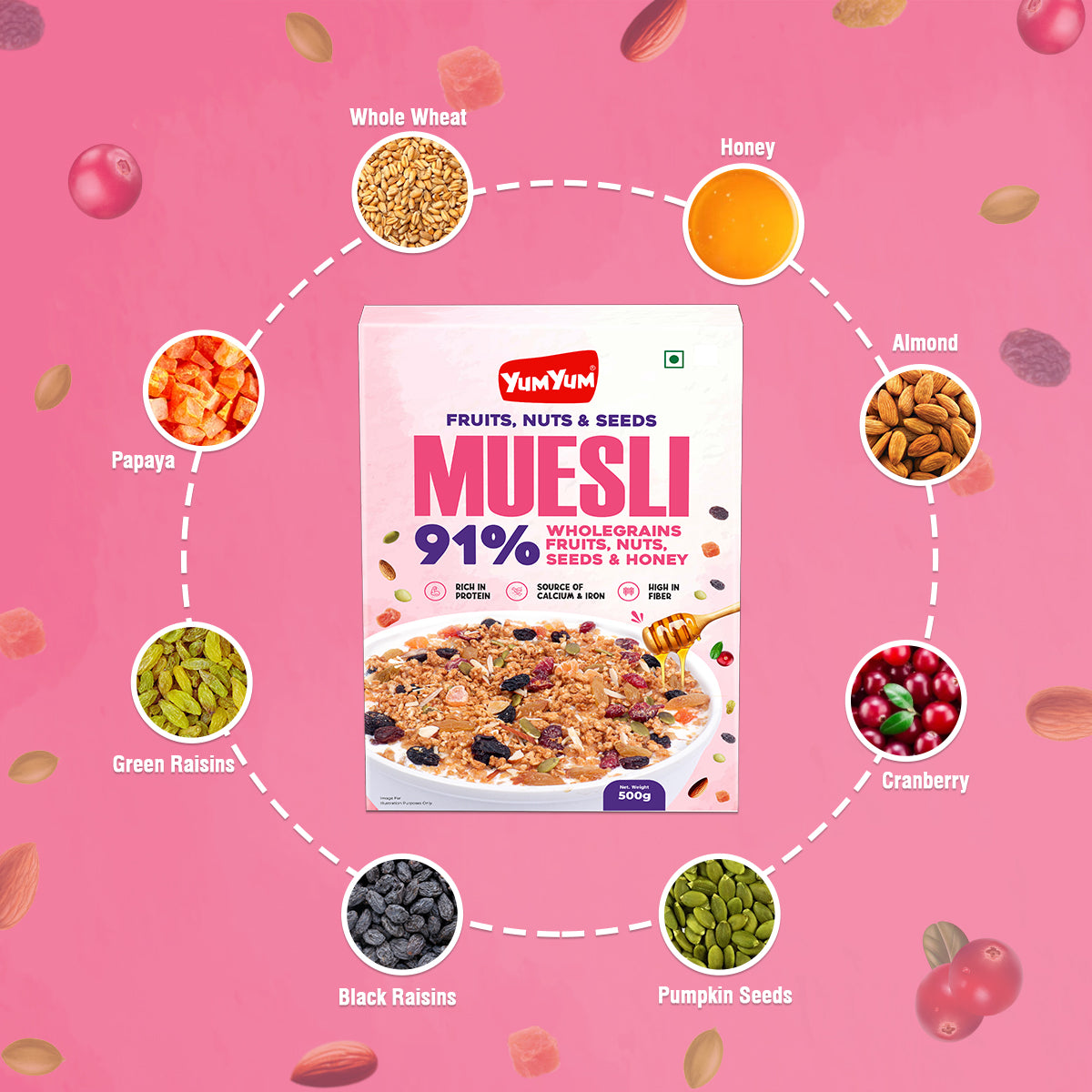 YUM YUM 41% Fruits, Nuts & Seeds Crunchy Muesli 1kg | Instant Breakfast Cereal - Box 500g
