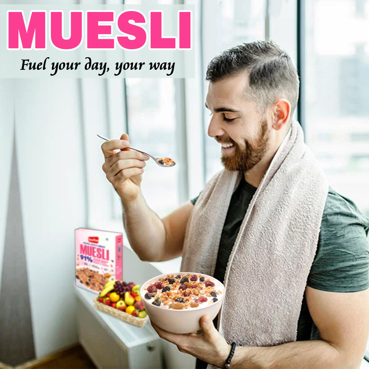 YUM YUM 41% Fruits, Nuts & Seeds Crunchy Muesli 1kg | Instant Breakfast Cereal - Box 500g