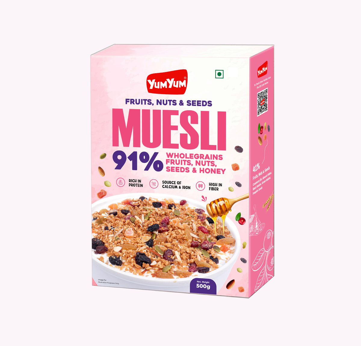 YUM YUM 41% Fruits, Nuts & Seeds Crunchy Muesli 1kg | Instant Breakfast Cereal - Box 500g