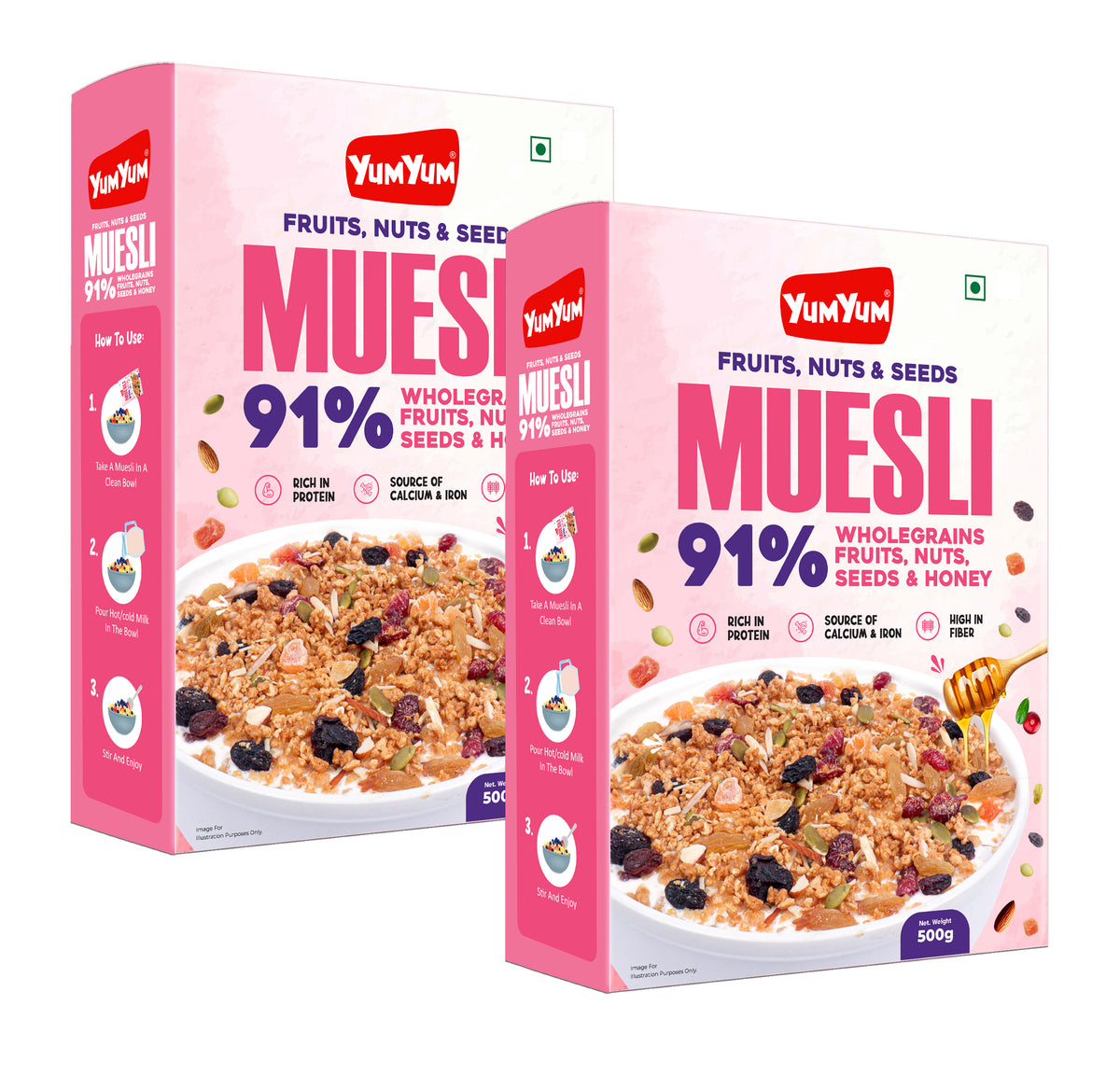 YUM YUM 41% Fruits, Nuts & Seeds Crunchy Muesli 1kg | Instant Breakfast Cereal - Box (2 x 500g)