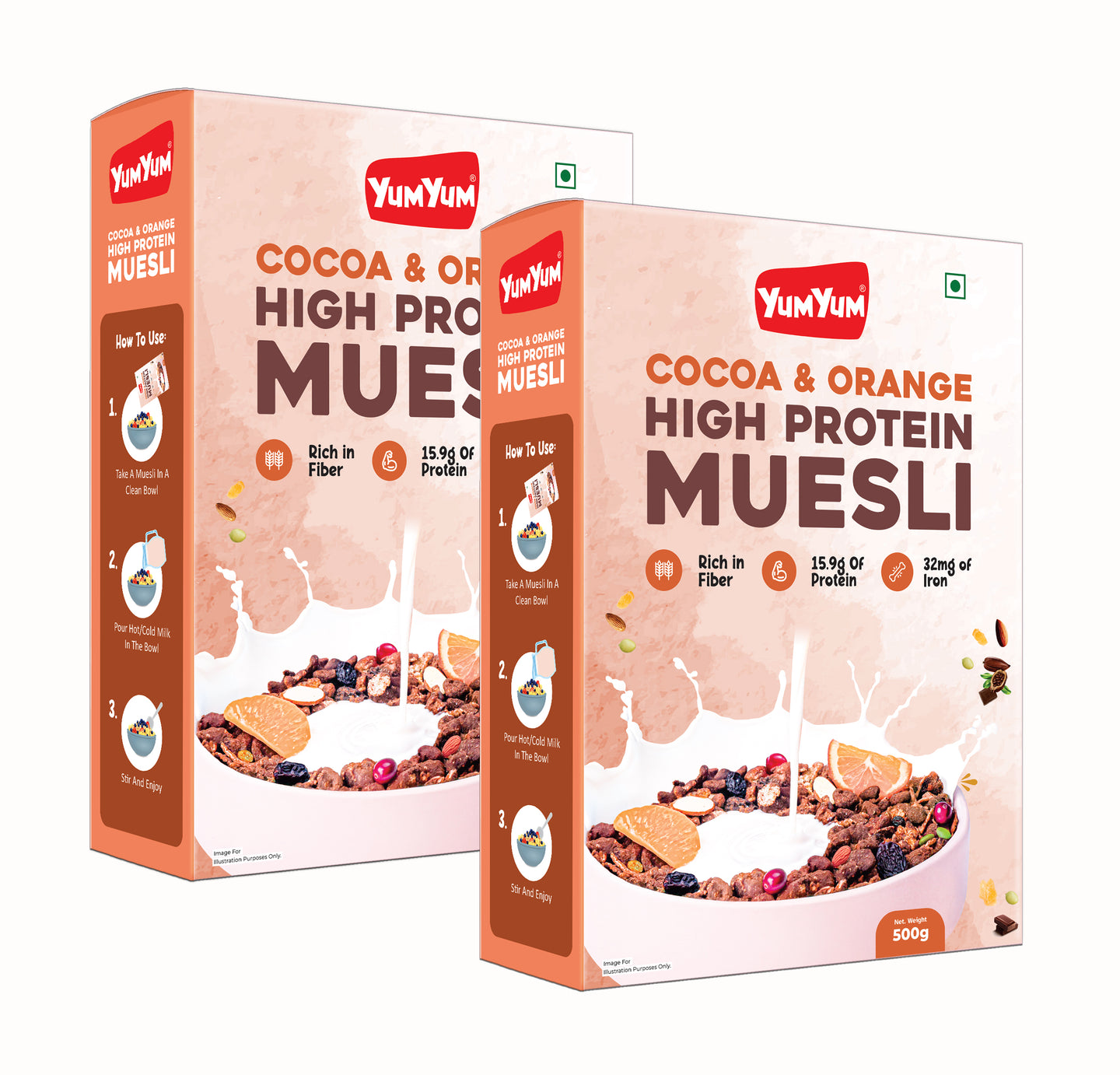 YUM YUM Cocoa & Orange High Protein Muesli 1kg, Healthy Breakfast Cereal Ready to Eat - Box (2 x 0.5 kg)