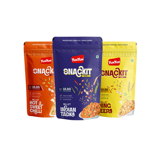 Yum Yum Snackit Healthy Millet Namkeen Combo | Indian Tadka, Hing Jeera & Hot Chilli Flavours | Crunchy Indian Snacks | Pack of 3 × 80 g