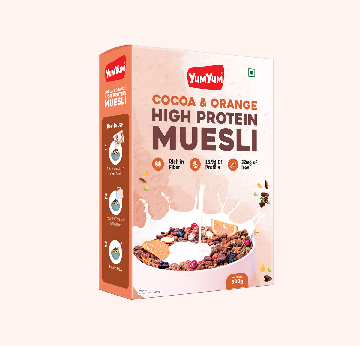 YUM YUM Cocoa & Orange High Protein Muesli 500g Healthy Breakfast Cereal Ready to Eat Box (500 g)